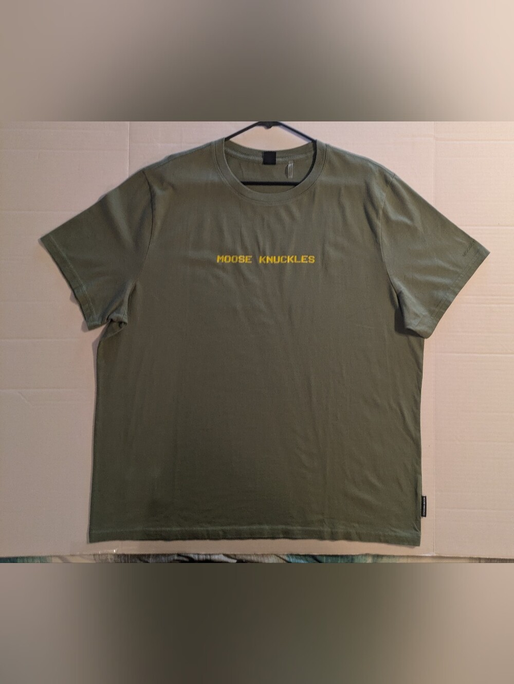 Moose Knuckles Olive Green Short Sleeve Logo Tee with Yellow Print- XXL (NWOT)